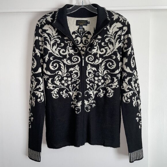 Icelandic Design Floral Cardigan Sweater Wool Full Zip Size S  Black Tan Nordic - Picture 2 of 16